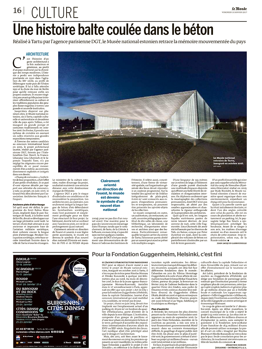 Publication. 'Le Monde' writes the Estonian Museum Lina Ghotmeh — Architecture Pages de EE01_ENM_012017_lemonde